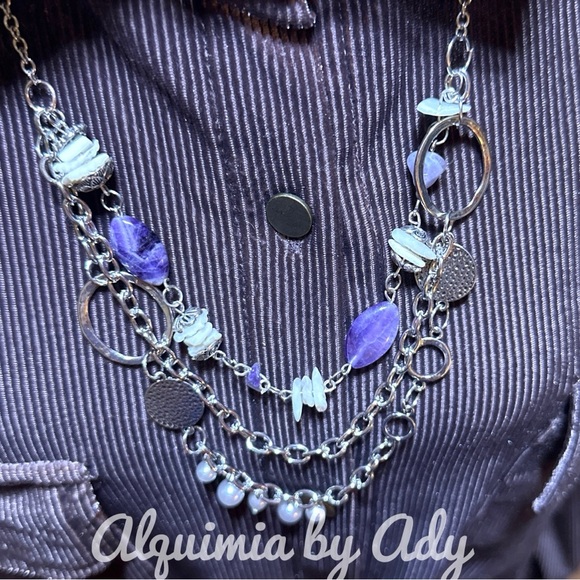 Layered necklace/set/ amethyst mother of pearl silver maximalist